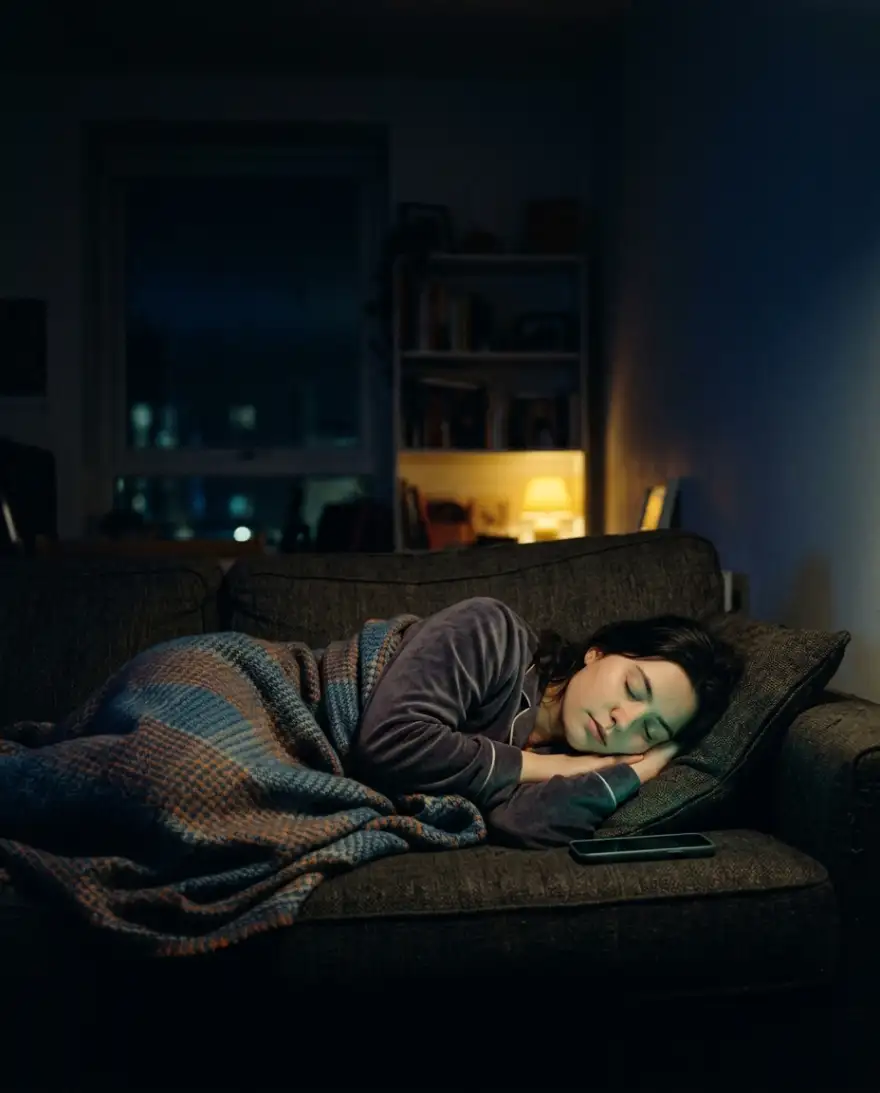 Someone asleep on a sofa at night, phone face down beside them
